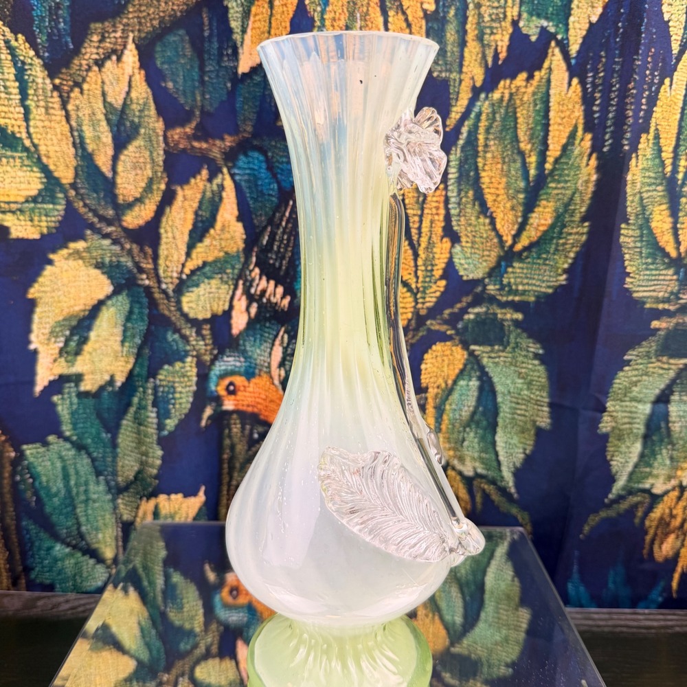 Uranium Art Glass Vase Opalescent Floral Applique 10" - Picture 5 of 9